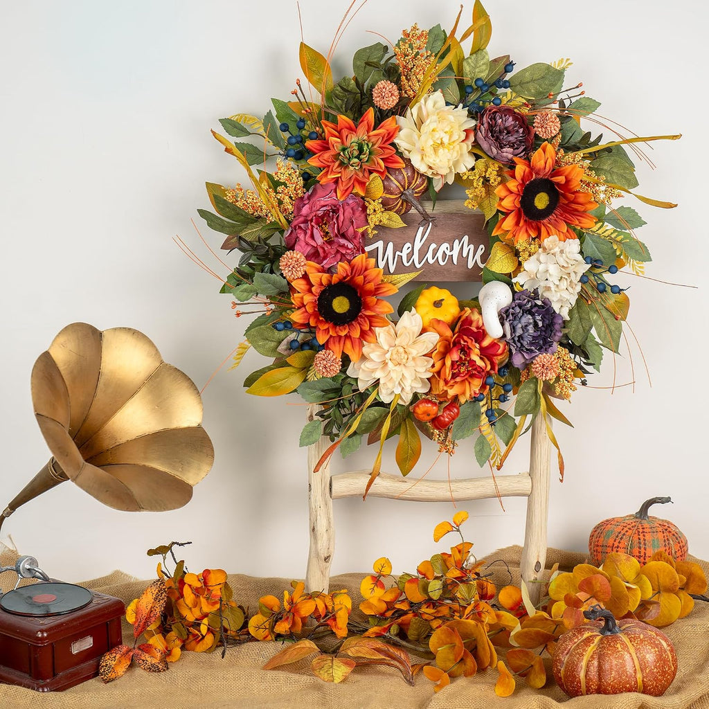 Artificial Harvest Fall Wreaths for Front Door 24 Inch Autumn Wreath