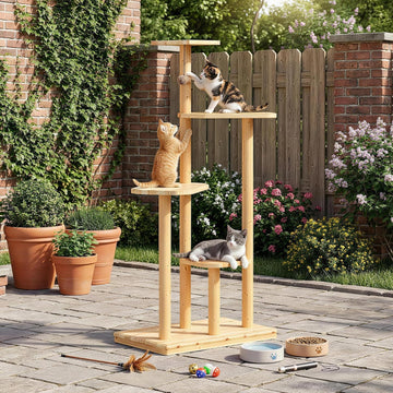 60" Tall Weatherproof Outdoor Cat Tree Tower, Solid Natural Wood