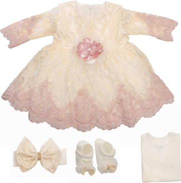 Newborn Baby Girl Lace Dress Set, 4 Pieces Outfit for Special Occasions (US, Age, 0 Months, Pink, Ivory, Pearl.)