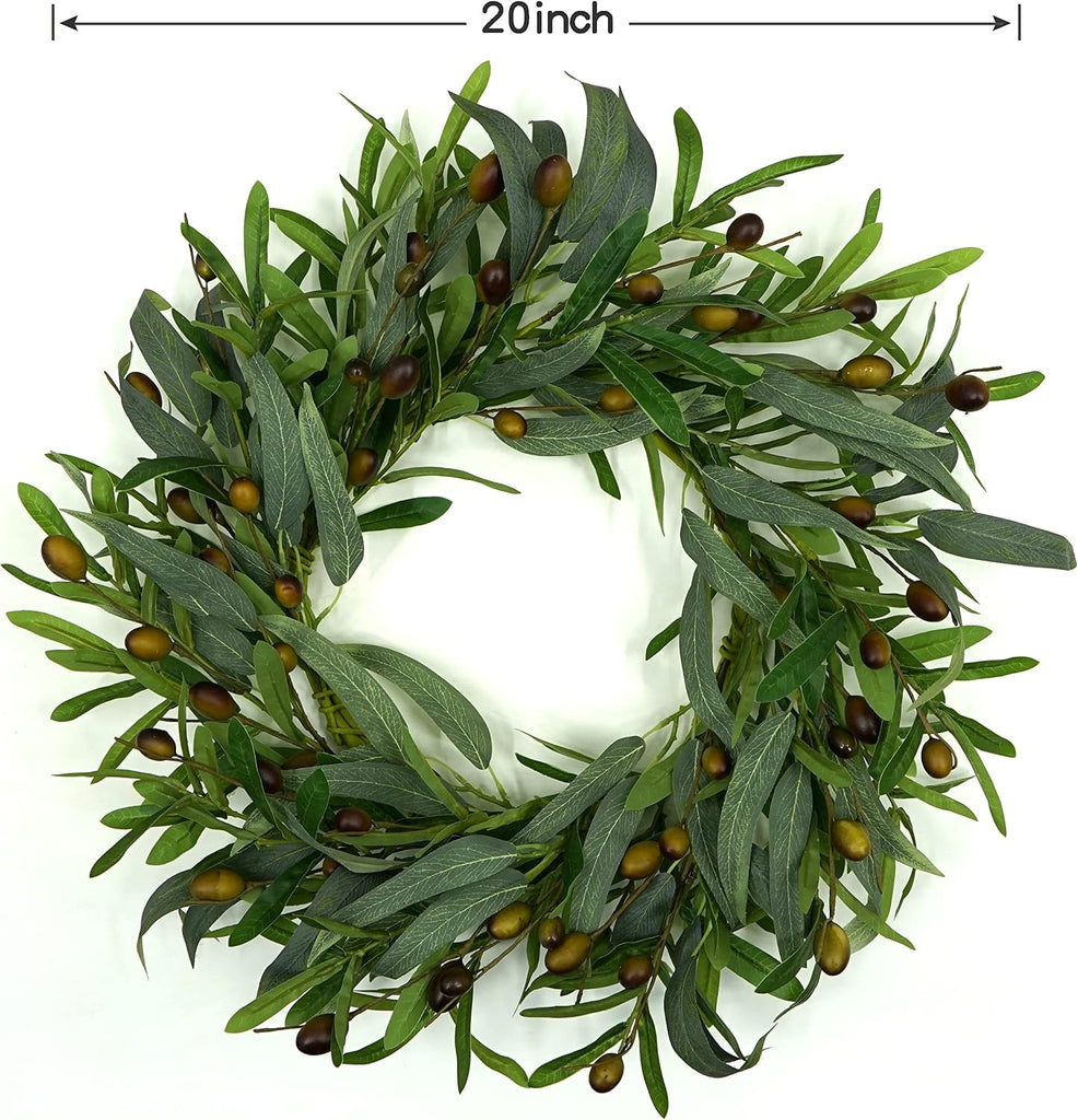 20 inches Artificial Green Olive Wreath Greenery Wreath with Olive Leaves, Bean for Front Door Indoor Outdoor