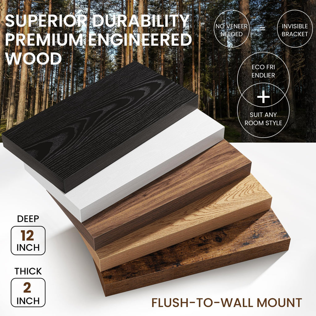 36Inch Walnut Floating Shelves for Wall, 12 Inch Deep Shelves Wall Mounted, Rustic Wood Floating Shelf with Invisible
