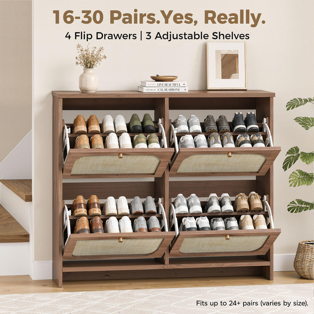 Rattan Shoe Cabinet with 4 Flip Drawers, 9.5" Narrow Shoe Rack, Boho Slim Shoe Storage Organizer with Adjustable