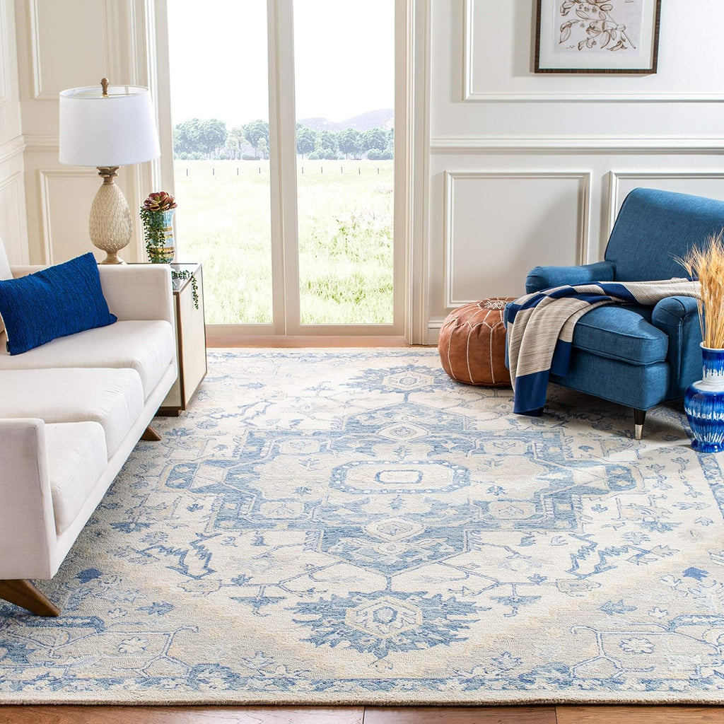 Micro-Loop 10' x 14' IvoryBlue Handmade Shabby Chic Medallion Premium Wool Dining Area Rug