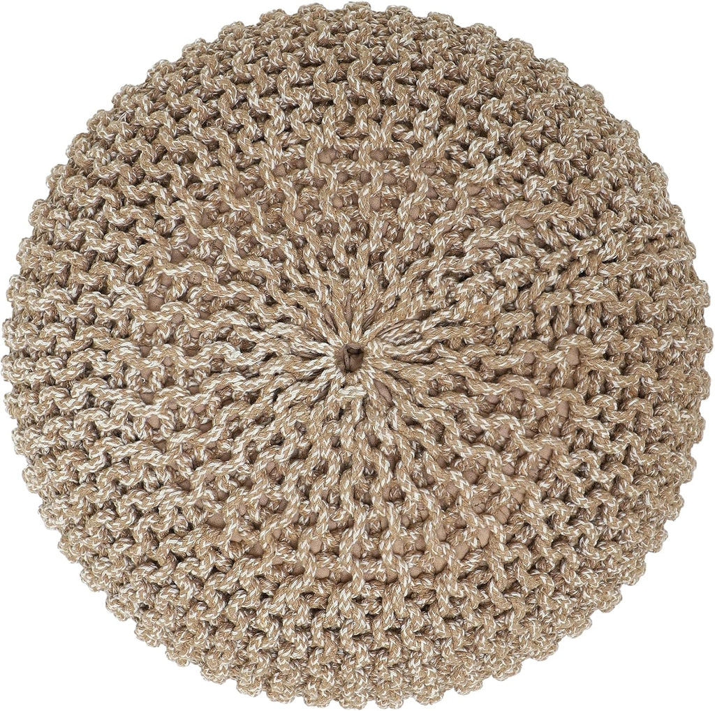 Round Pouf Ottoman - Hand Knitted Boho Poof - Beige Ivory | 100% Cotton, 19.5"x19.5"x14"; Doubles as Footstool, Foot