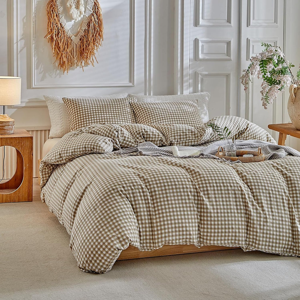 Grid King Duvet Cover Set - Tan Gingham Washed Microfiber Comforter Cover Set, 3 Pieces Plaid Checkered Soft