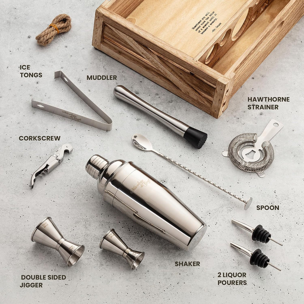 Rustic Cocktail Shaker Set - Includes Wood Stand, Complete Barware Kit with 24 Oz Shaker, Dual Jiggers, Pourers - Set of 11