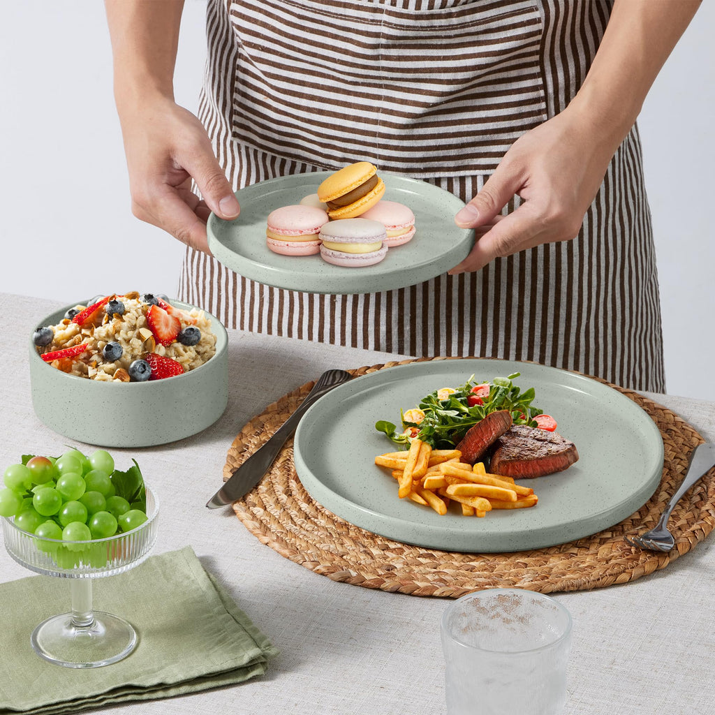 Dinnerware Sets for 6, 18-Piece Stoneware Plates and Bowls Set, Green