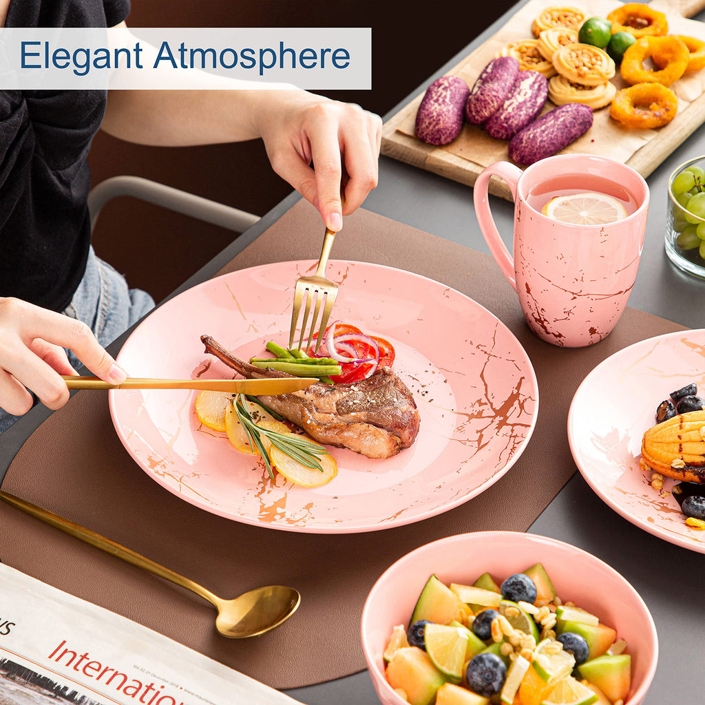 Pink Dinnerware Set for 4, 16 Piece Porcelain Dish With Plates, Bowls and Mugs, Gold Splash Glaze Round Modern