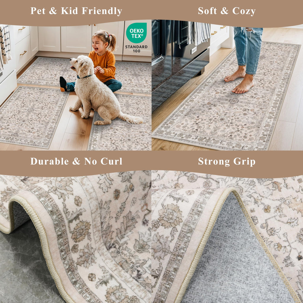 3-Piece Kitchen Rug Set of 3 with Runner - Non Slip Washable Boho Kitchen Mats for Sink, Floor, Entryway & Hallway
