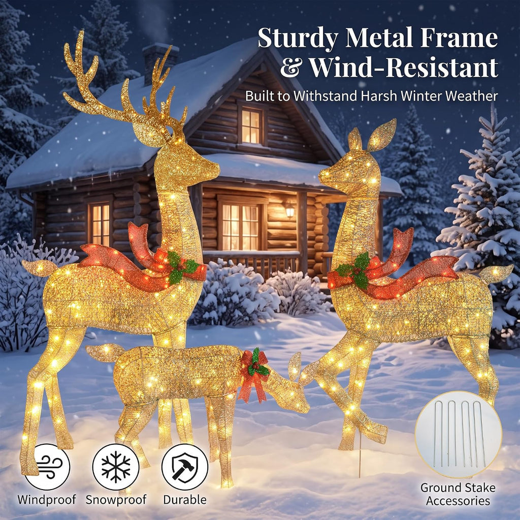 5.2FT Animatronic Christmas Reindeer Family Set - 3Pcs Large Lighted Christmas Deer with 300 LEDs & 3 Motors, Moving