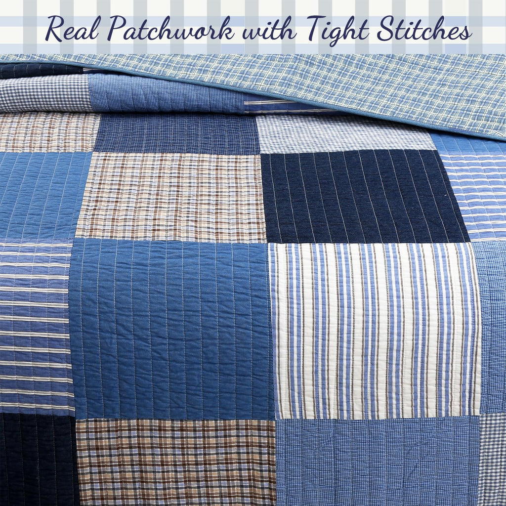 Line Home Fashions Navy Blue Brown Tan Plaid Striped 100% Cotton Reversible Quilt Bedding Set, All-Season Coverlet