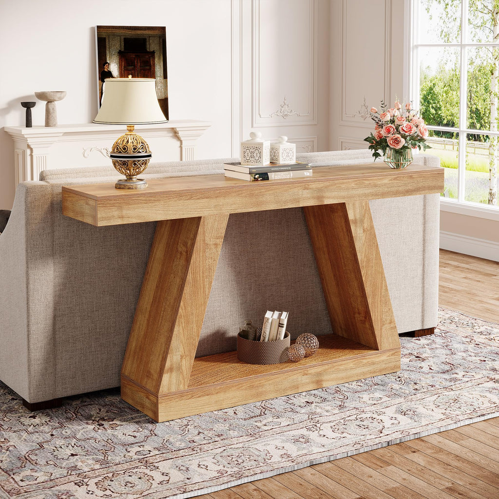 Farmhouse Console Table, 55-Inch Rustic Sofa Table with Storage, Industrial Wooden Entryway Table, Natural Brown