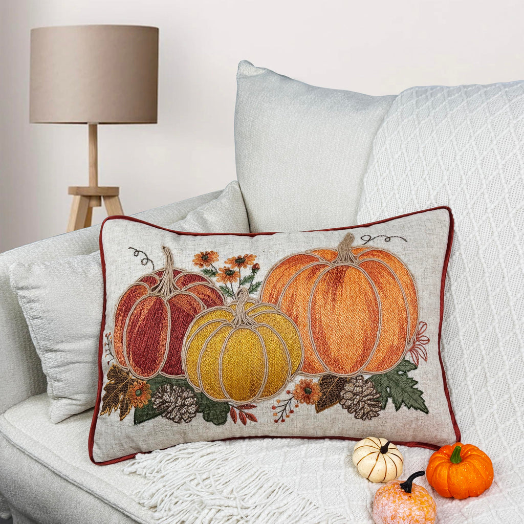Fall Thanksgiving Embroidery Pumpkin Throw Pillow Cover 14x20 Inch, Farmhouse Harvest Decorative Cushion Case 14x20