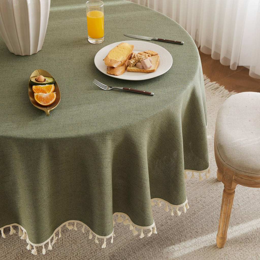 Tassel Linen Round Table Cloth, Olive 60 Inch