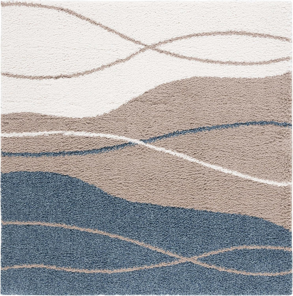 Calico Shag Collection Area Rug - 6'7" Square, Taupe & Blue, Modern Design, Non-Shedding & Easy Care, 1.6-inch Thick