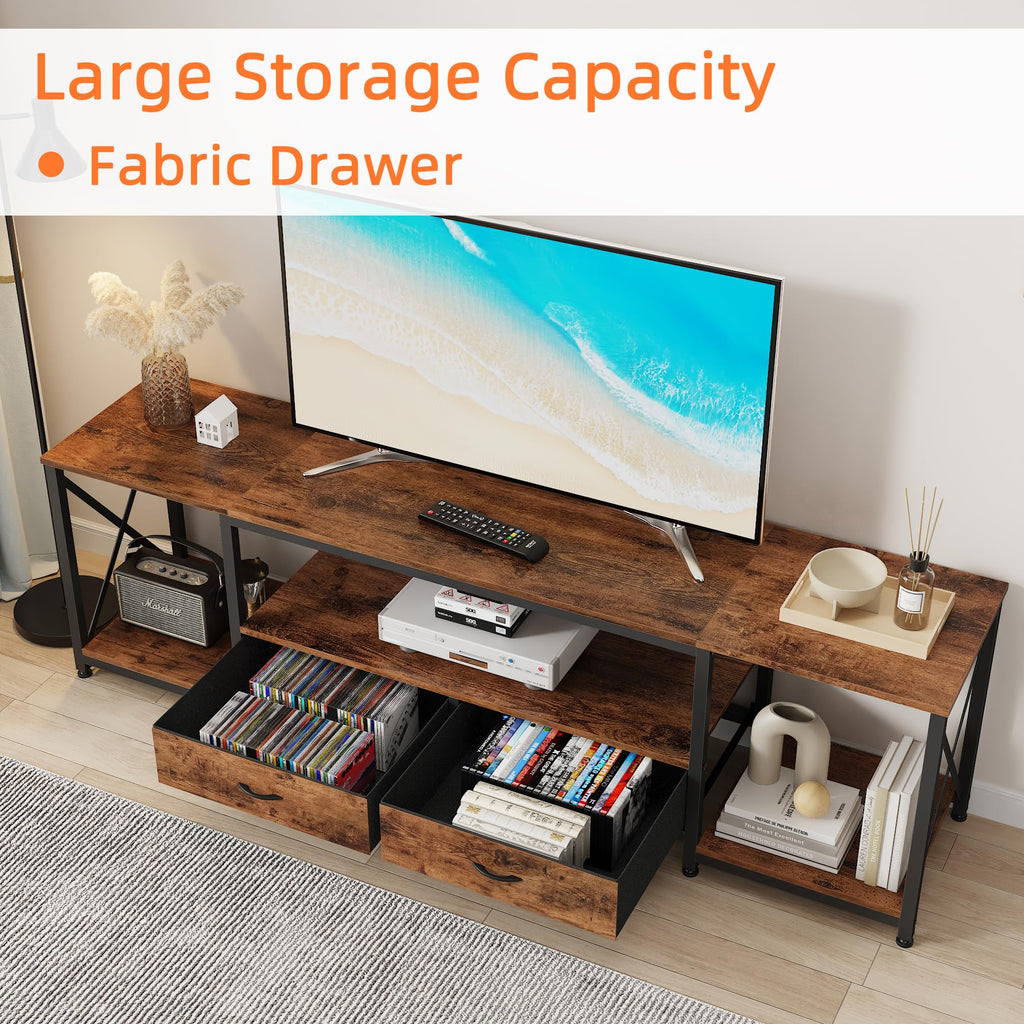 TV Stand with Fabric Drawers - Entertainment Center and Industrial Console Table with Open Storage Shelves - 71.5"