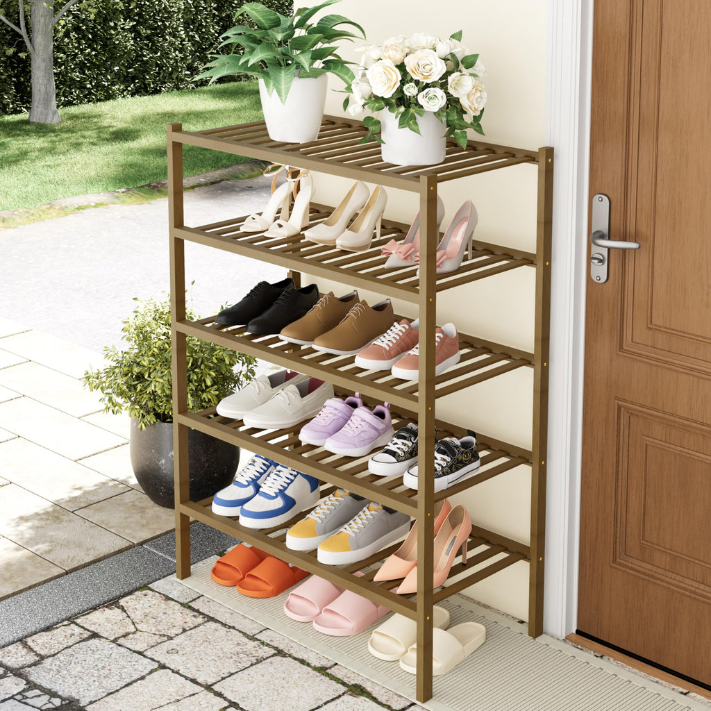 Bamboo Shoe Rack, 14 Vertical Slats, 5 Tier - 26.8" Wide, Walnut