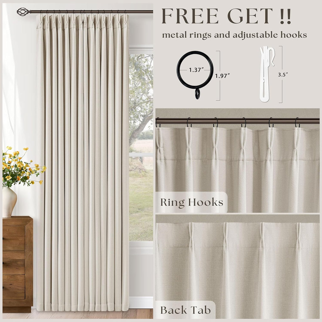 90 Inch Pinch Pleated Blackout Linen Curtains for Bedroom 2 Panels Memory Trained 100% Black Out Soundproof Room