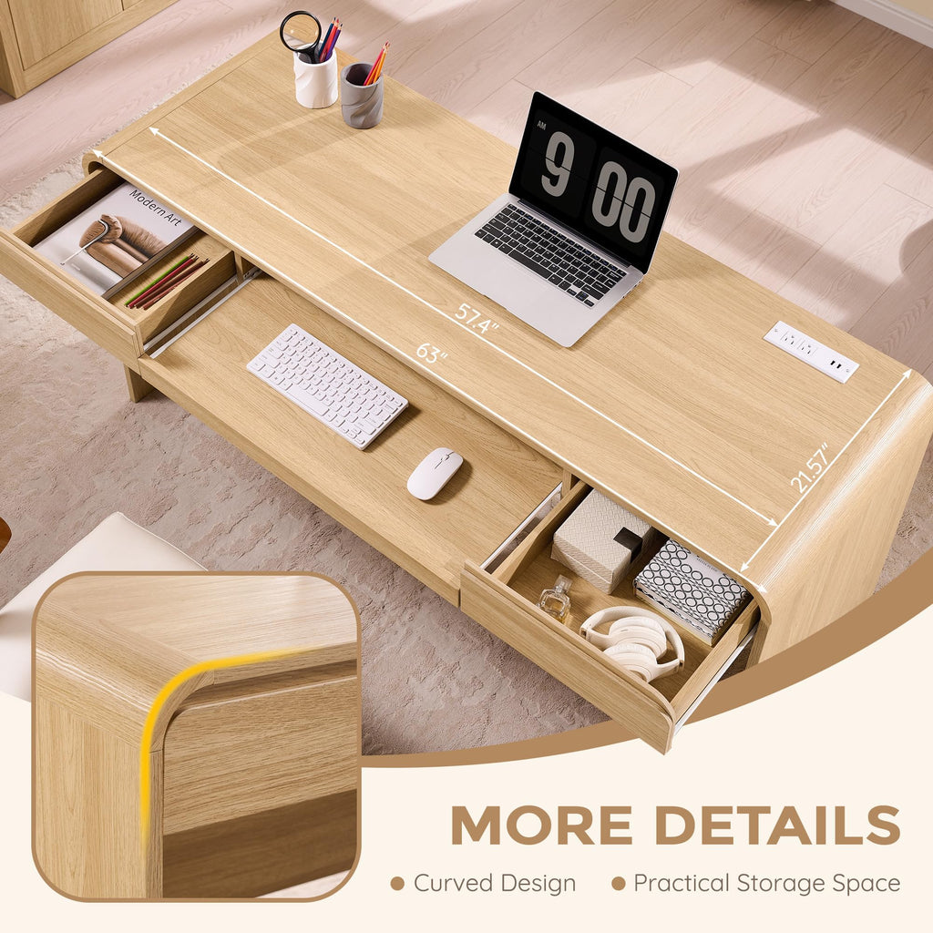 63" Modern Computer Desk with 2 Drawers, Wood Curved (Natural)