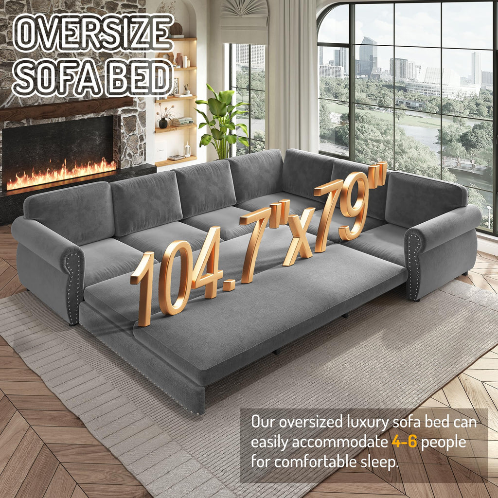 118" L-Shaped Sofa Couch with Pull Out Bed, Oversize Convertible Sectional Sleeper Sofa with Nailhead Trim & Rolled