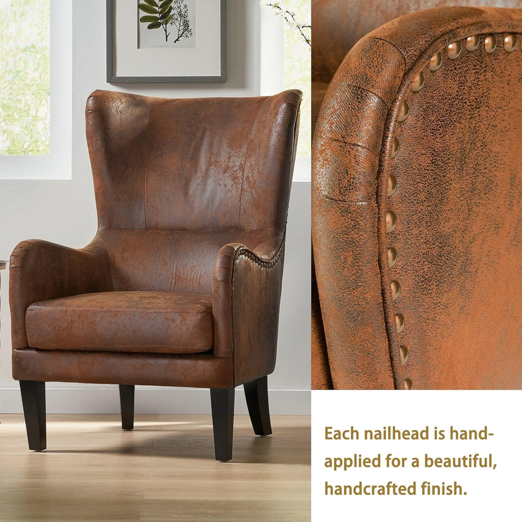 Mid-Century Modern Wingback Accent Chair, Faux Leather with Nailhead Trim