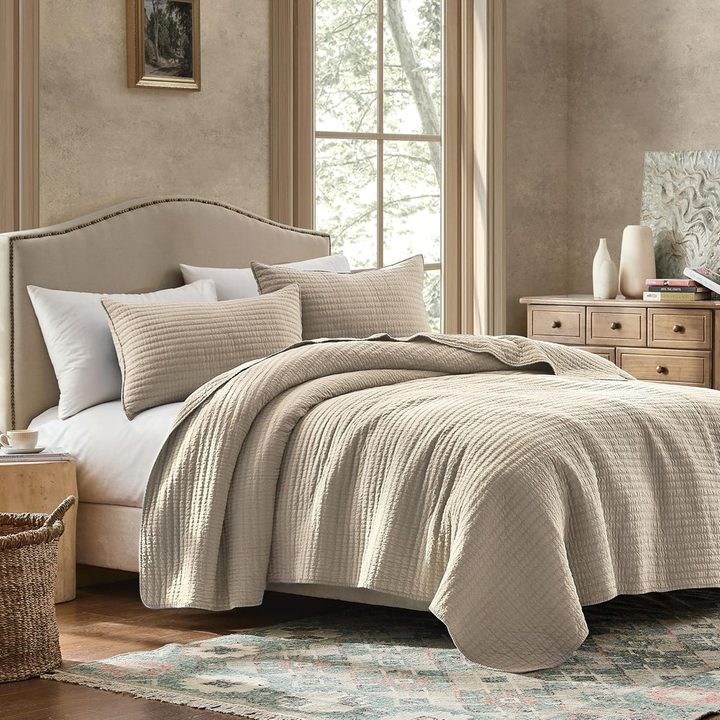 100% Cotton Oversized King Quilt Set - Beige California Cal King Striped Pick Stitch Soft Lightweight Bedspread