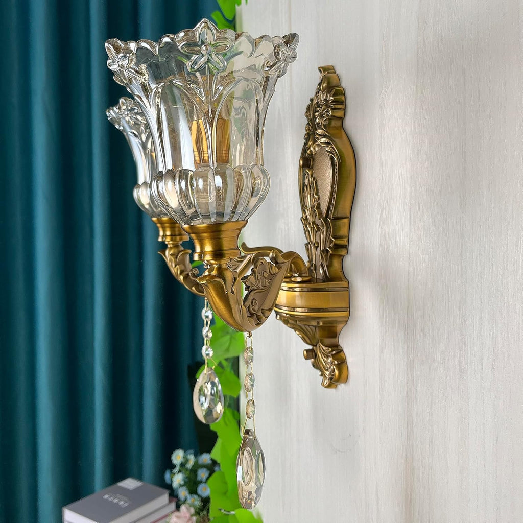 Vintage Glass Wall Sconce, Elegant Brass Wall Light, Crystal Floral Bedside Wall Lamp, Wall Mounted Lamp for