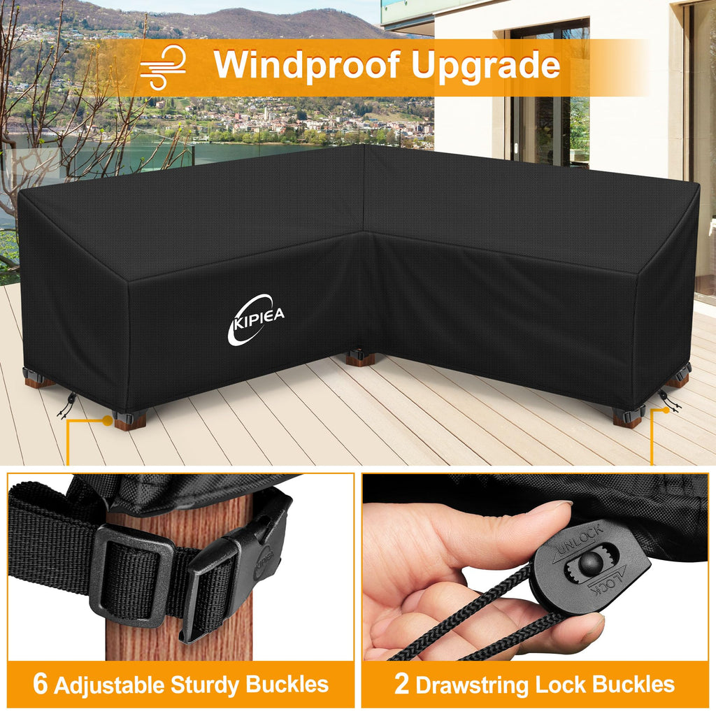 Patio V-Shaped Sectional Sofa Cover, 420D Heavy-Duty Oxford Fabric Outdoor Sectional Cover with 6 Windproof Buckles