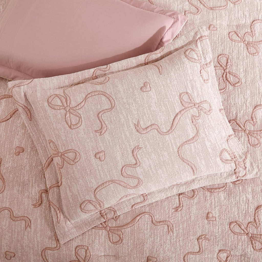Pink Full Comforter Set for Girls- 7 Pieces Bowknot Jacquard Bed in A Bag Full Bedding Sets with Sheets, Pillowcases