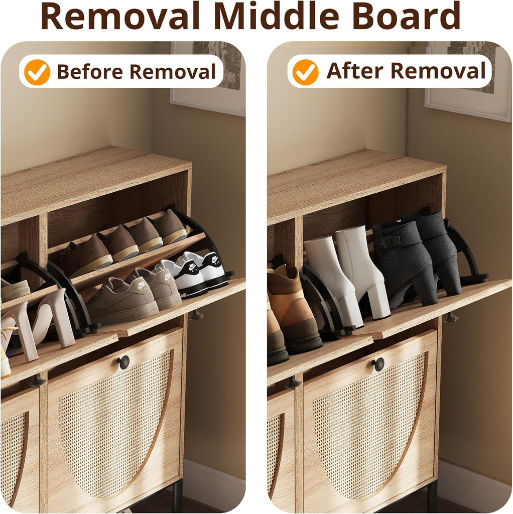 Rattan Shoe Cabinet Storage with 4 Flip Drawers, Freestanding Shoe Storage Organizer Cabinet , Narrow Shoe Rack