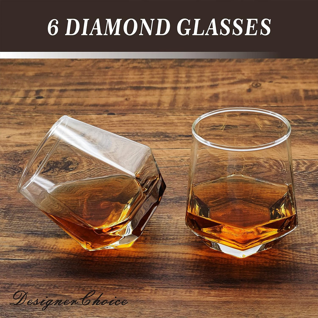 6-Glasses Diamond Whiskey Decanter Set Tequila Liquor Decanter Sets for Men - Set of 9
