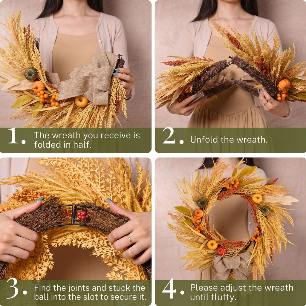 DecorbyHannah 24'' Fall Wreath for Front Door with Lights & Burlap Bow