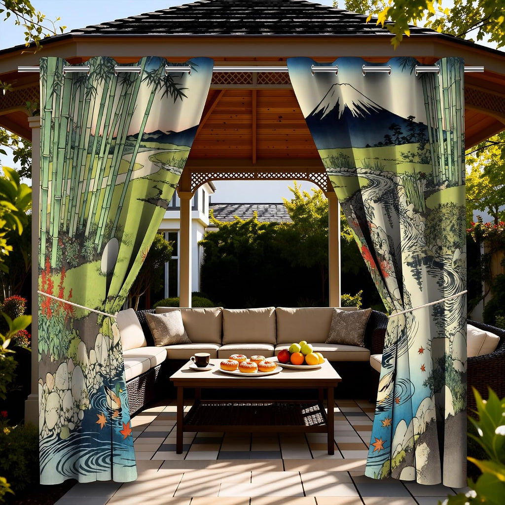 Japanese Style theme Waterproof Outdoor Curtains ,Bamboo Forest Stream pattern,Privacy Weatherproof Grommet Outside