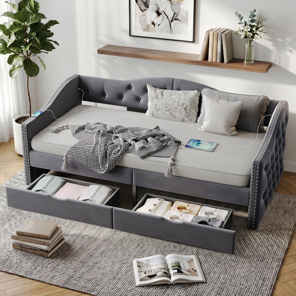 Daybed with Storage Drawers, Full Size Velvet Upholstered Sofa Bedframe w/USB Port, Button Tufted Backrest and