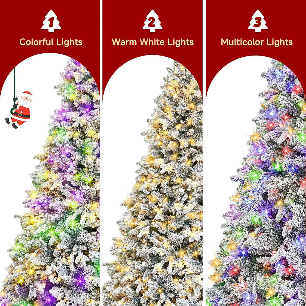 360° Rotating Snow Flocked Christmas Tree 9FT, Musical Prelit Christmas Tree with Remote Control, 600 LED Lights 8