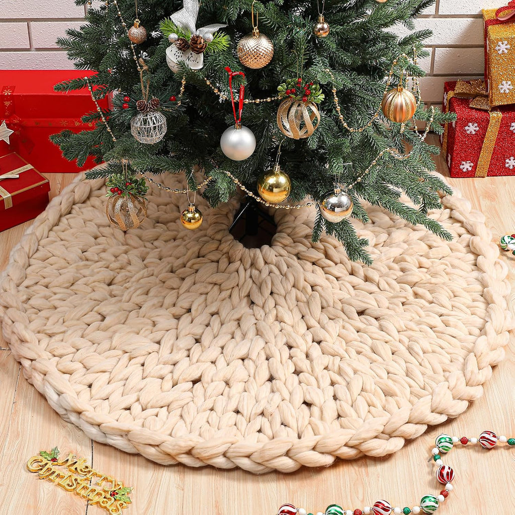 Chunky Knitted Christmas Tree Skirt, Beige, 36 Inch
