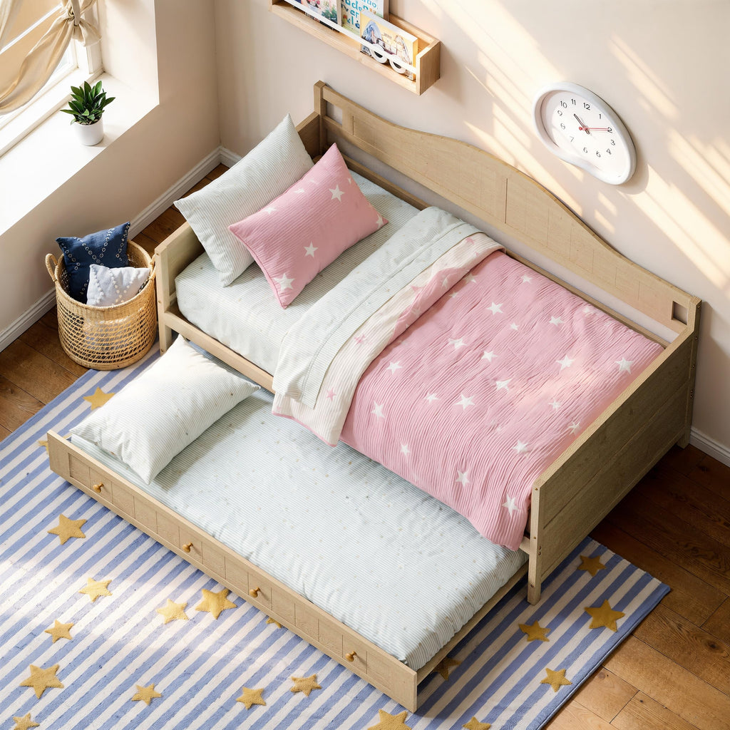 Twin Size Wooden Daybed with Trundle, Natural Wood