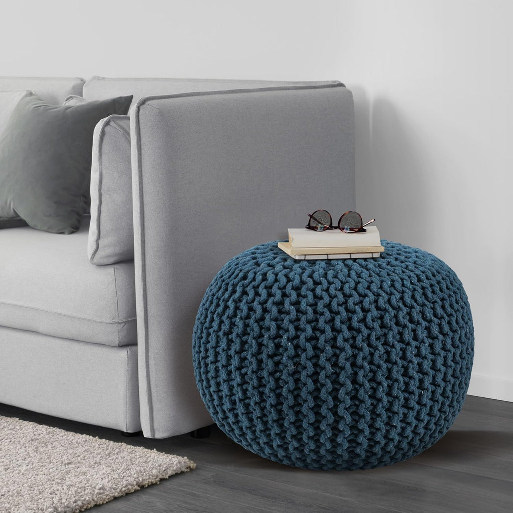 Knitted Pouf Ottoman Foot Rest - Round Poofy Ottoman Furniture - Stuffed Floor Poufs for Sitting, Elegant Poof