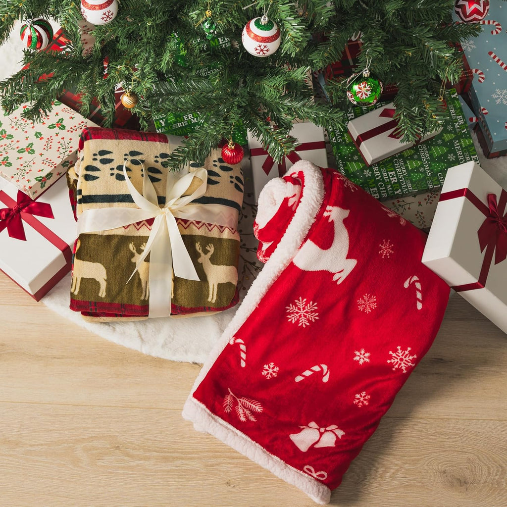 Premium Christmas Sherpa Throw Blanket, Green Red Cabin Design with Reindeer Print, Ultra Soft Reversible Fleece &