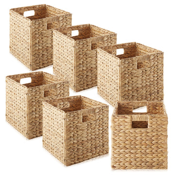 10.5" x 10.5" Water Hyacinth Storage Baskets, Natural - Set of 6 Collapsible Cube Organizers, Woven Bins, Laundry