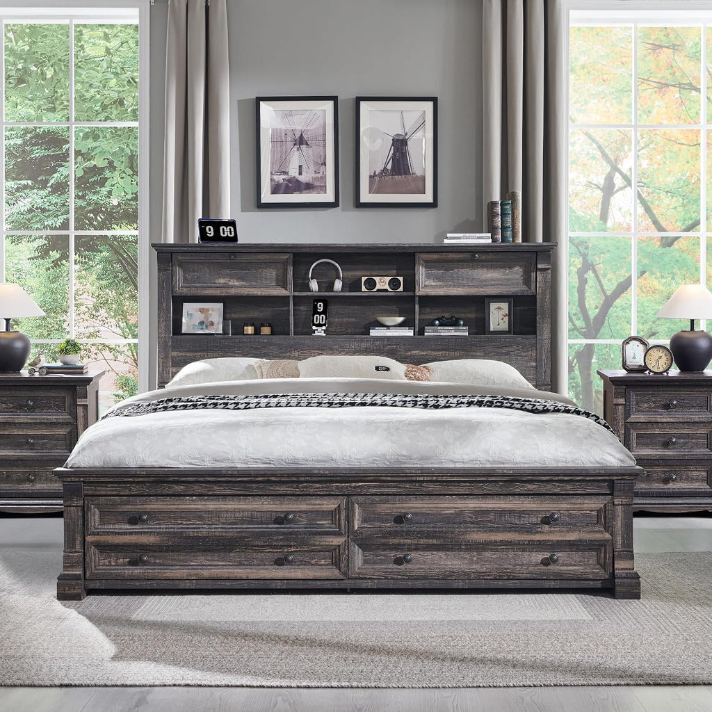 Farmhouse King Bed Frame with 54" Tall Headboard, Headboard with 4 Storage Rack, 2 Drawers, 18" Roman Column