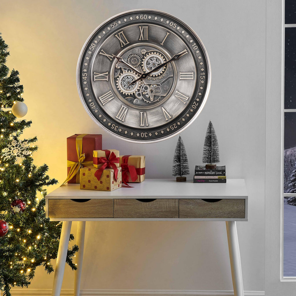 24 Inch Large Moving Gear Wall Clock Decor, Silver