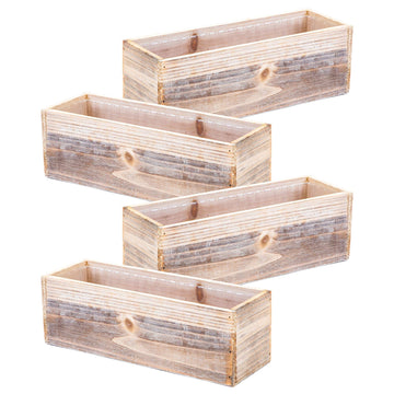 Wood Planter Box Set, Rustic Whitewash, Plastic Liner, 12x4 Inch Rectangular Flower Holder, Natural Wood Decor