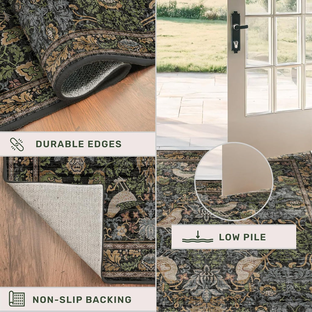Dark Living Room Rug 8x10 - Large Washable Floral Area Rugs