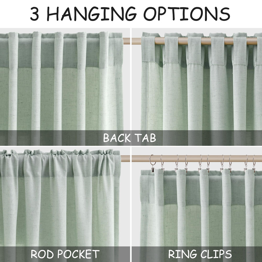 Aqua Green Linen Curtains Semi Sheer 96 Inches Long 2 Panels Set Back Tab Rod Pocket Light Filtering Drape Modern