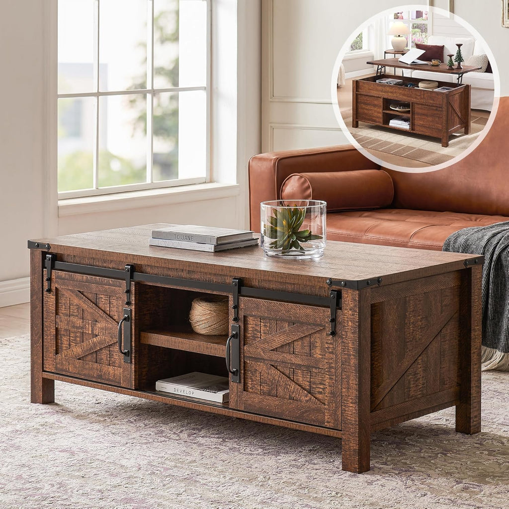 48" Farmhouse Lift Top Coffee Table with Sliding Barn Door,Rustic Center Table with Hidden Storage Compartment,Lifting