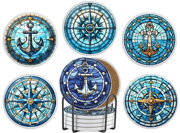 Boating Nautical Gifts for Boat Owners & Lovers - Boat Nautical Theme Coaster Set of 6, Bar Coasters, Stained Glass