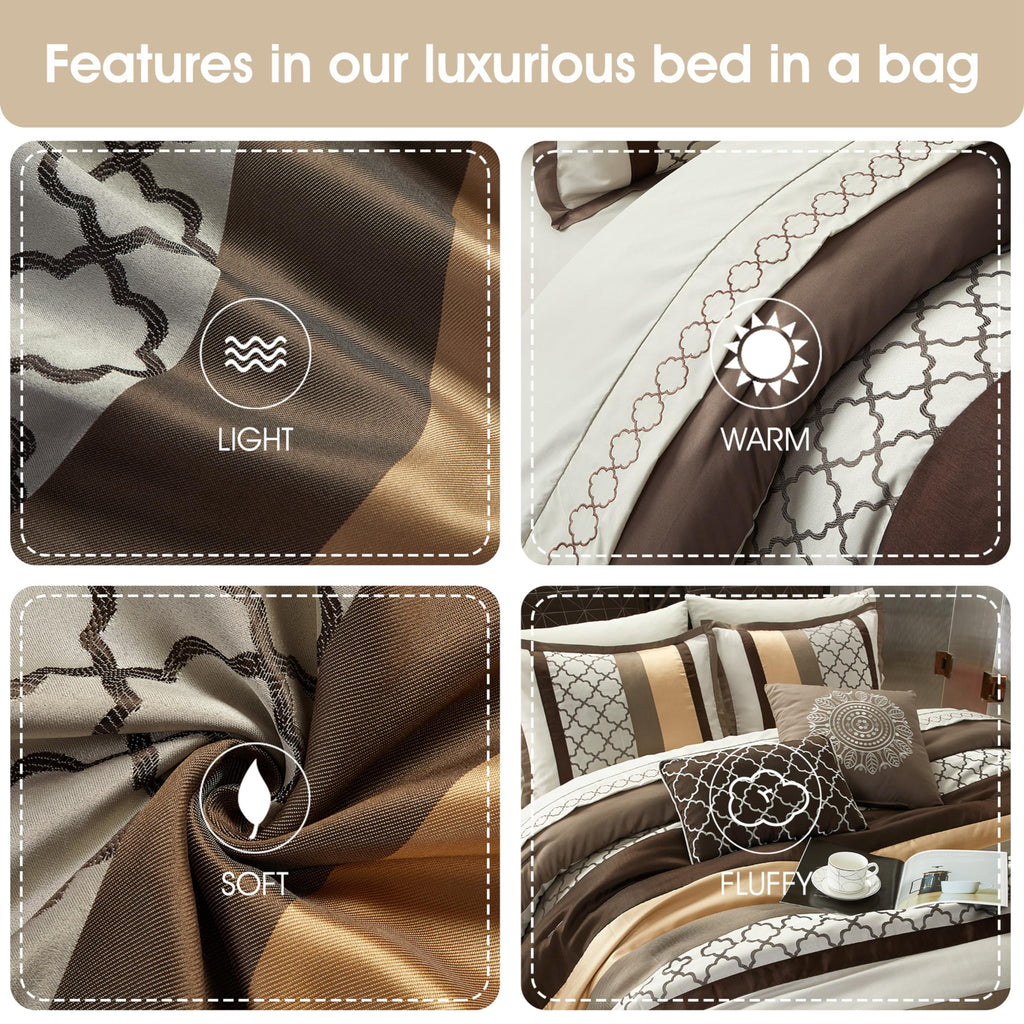 Brown Comforter Set Queen, 8 Pieces Bed in a Bag, Lightweight Microfiber, Ultra-Soft, Jacquard Premium Bedding Set