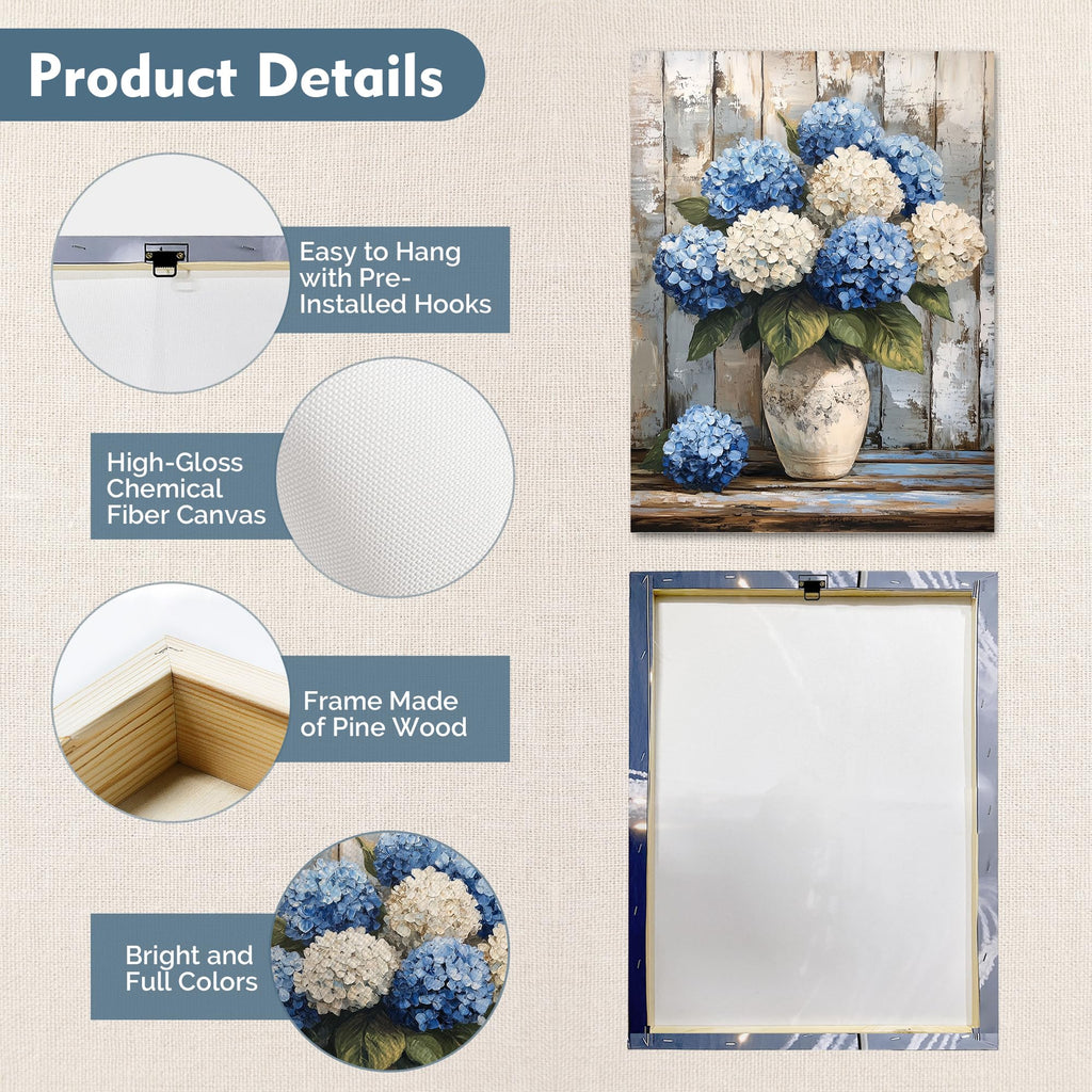 Blue Hydrangea Wall Art, Vintage Hydrangea Canvas Prints Pictures Wall Decor, Farmhouse Floral Wall Art, Blue White