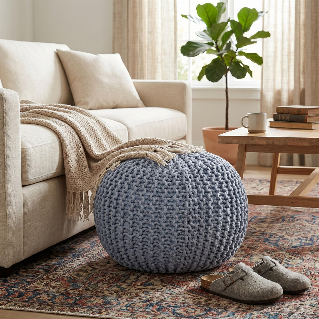 Round Pouf Ottoman Foot Rest, Soft Blue, 18.5"x18.5"x15"